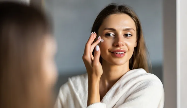 A woman applies a collagen cream to her cheekbone.